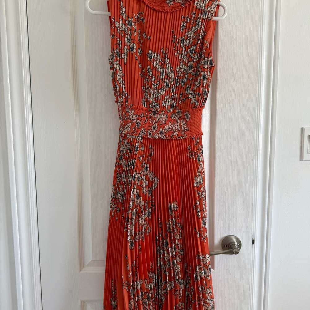 Nanette Lepore Orange Floral Pleated Midi Dress